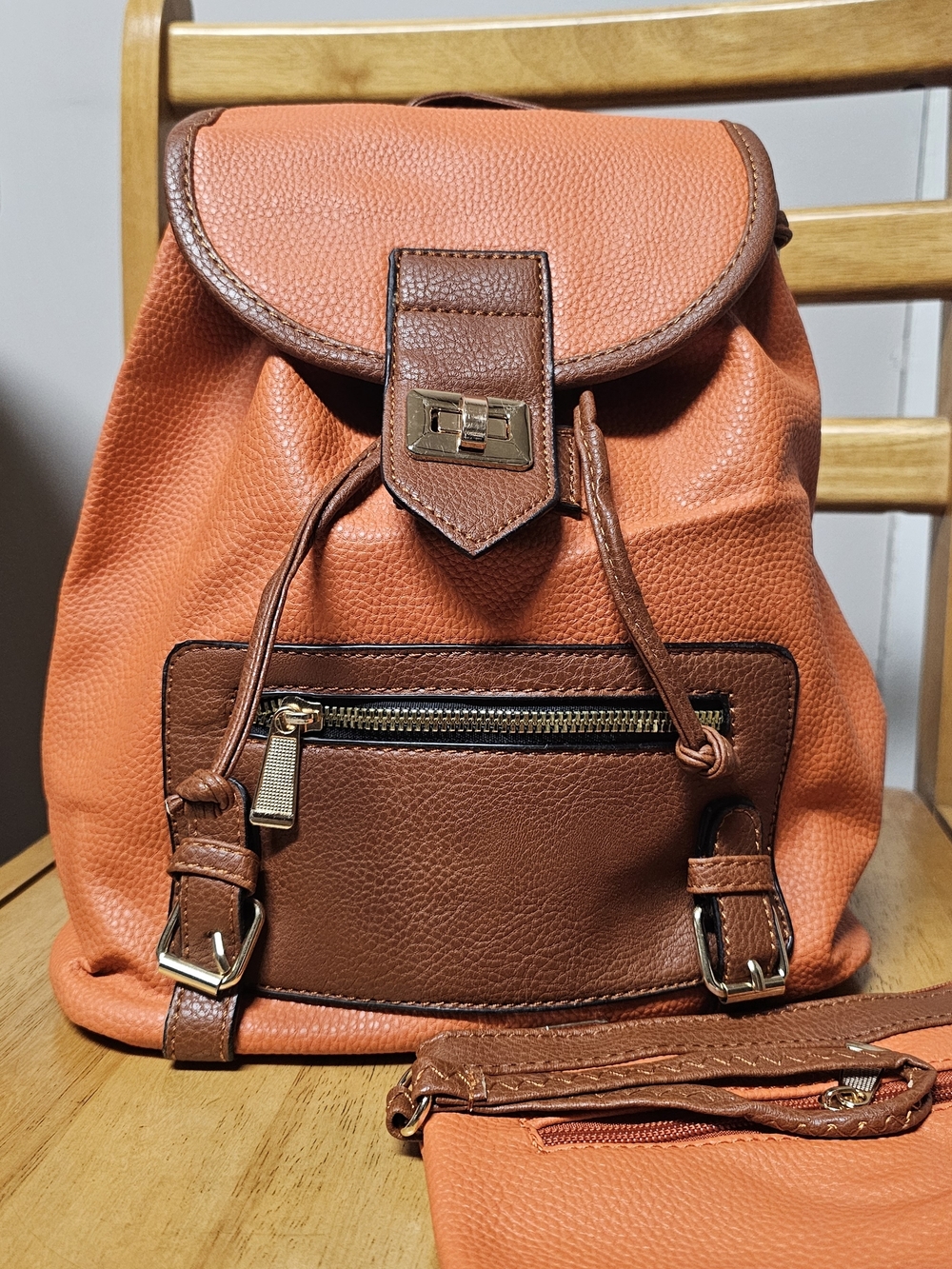 Orange Brown Faux Leather Backpack Travel Vacation Medium Multipurpose DiaperBag